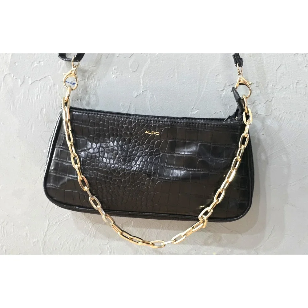 Elegant Aldo Shiny Black Mock Croc Shoulder Bag With Gold Chain Strap Date Night